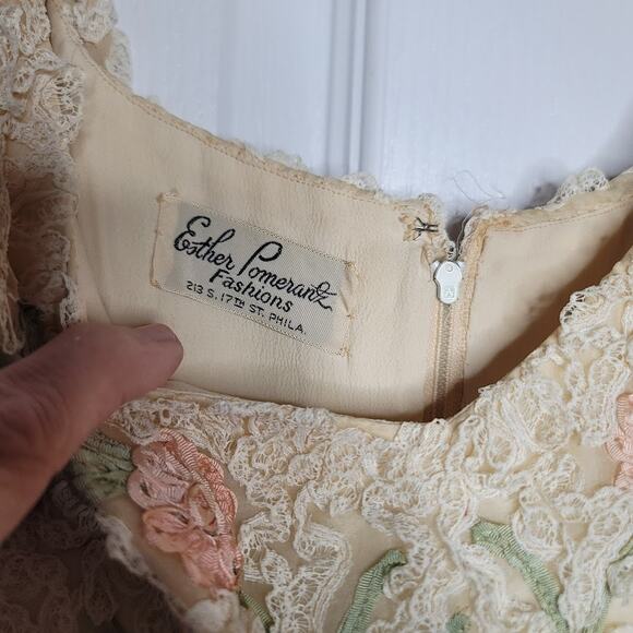 Vintage Esther Pomerantz 50s Sleeveless Dress Crinoline Cream Pink Green Lace - Picture 6 of 8